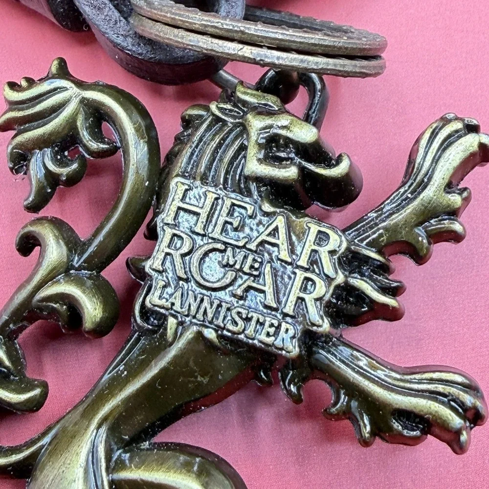 Lannister Lion Keychain Bronze Tone Leather Charm Game of Thrones Style Gift